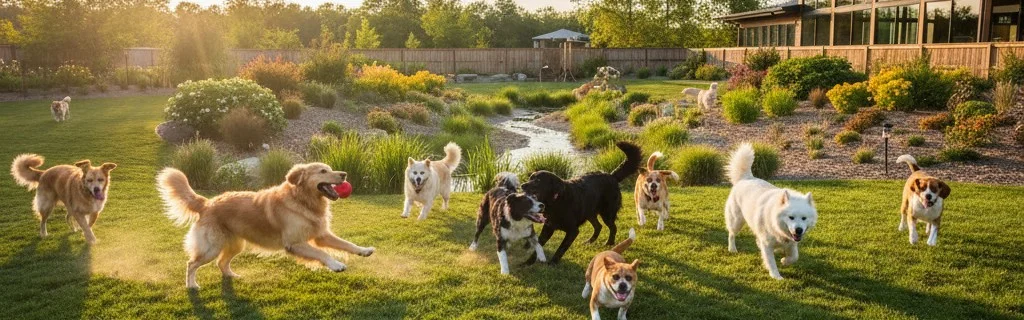 Dogs playing happily in the outdoor area at Heal Your Paws